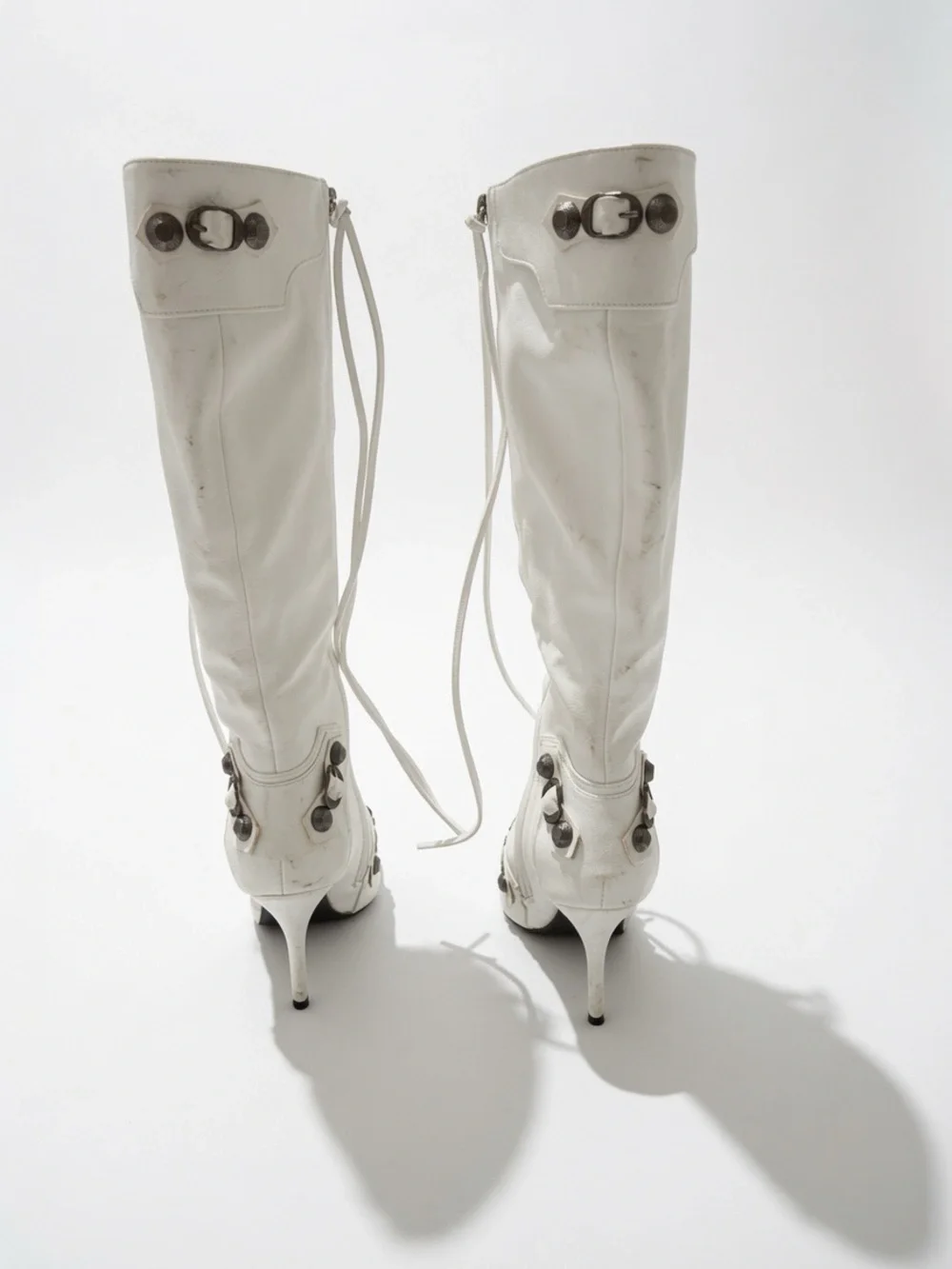 White Moto Punk Knee High Heeled Boots NWOT